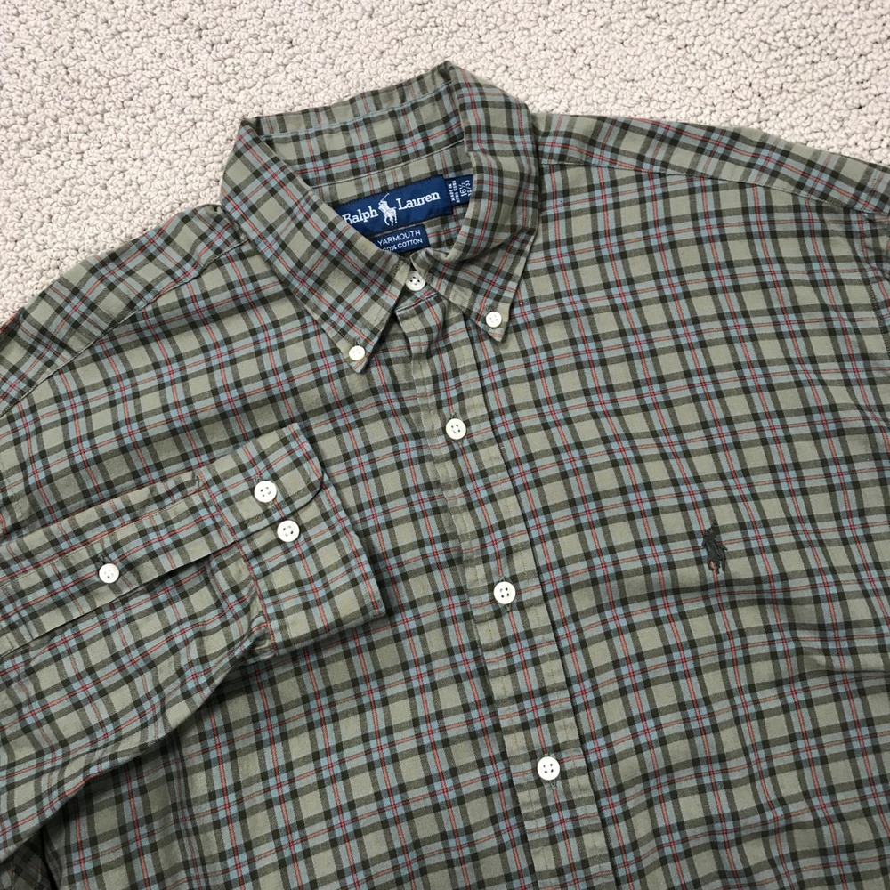 Ralph Lauren Yarmouth Mens‎ 16.5 32/33 Plaid Button Down Shirt Green Cotton Pony